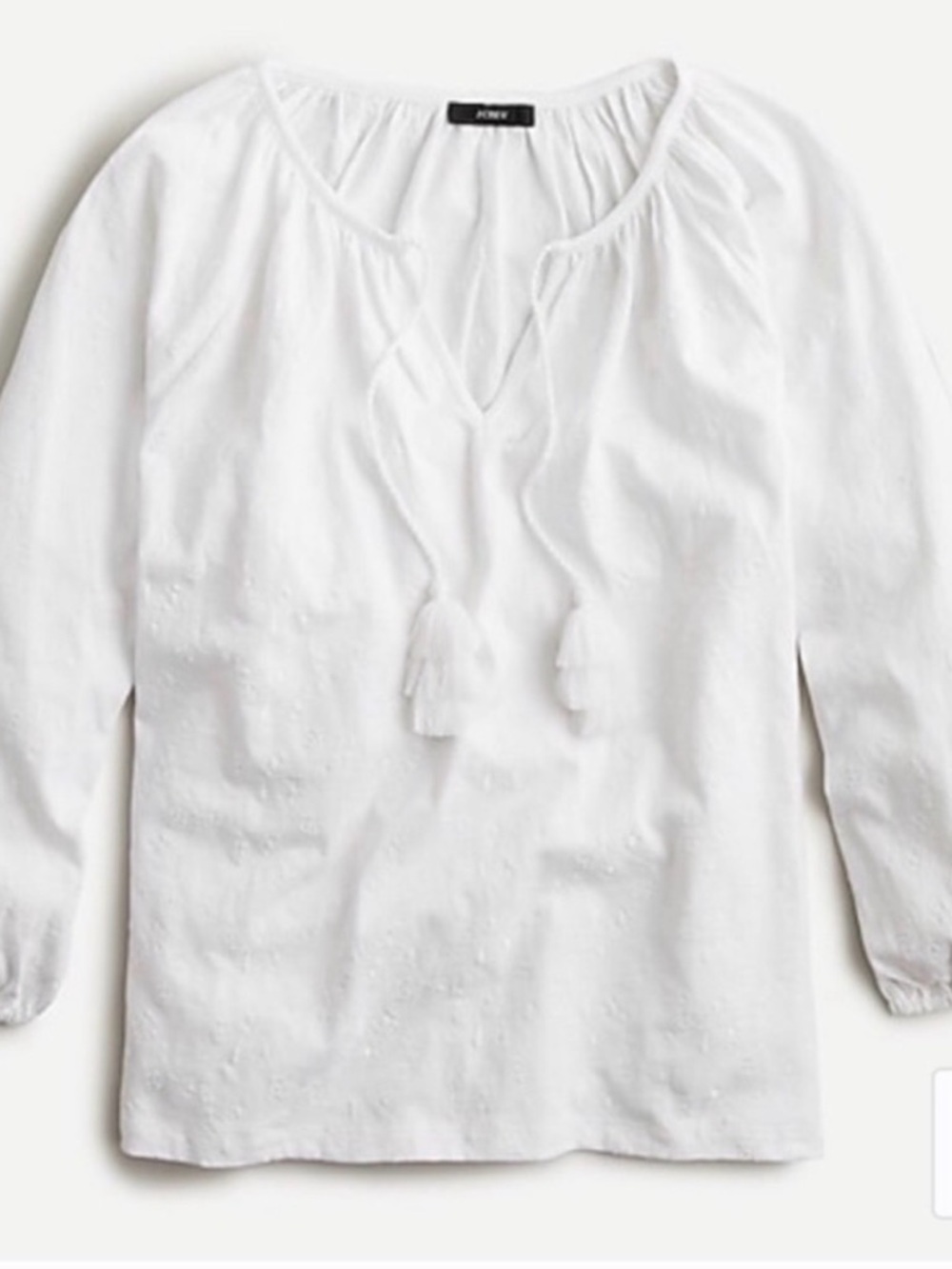Jcrew White Peasant embroidered Blouse with Tassel Tie